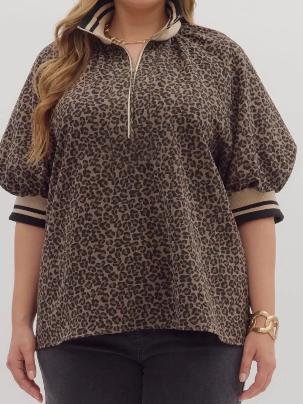 entro Leopard Print Button-Down Polo Top - Beige & Black